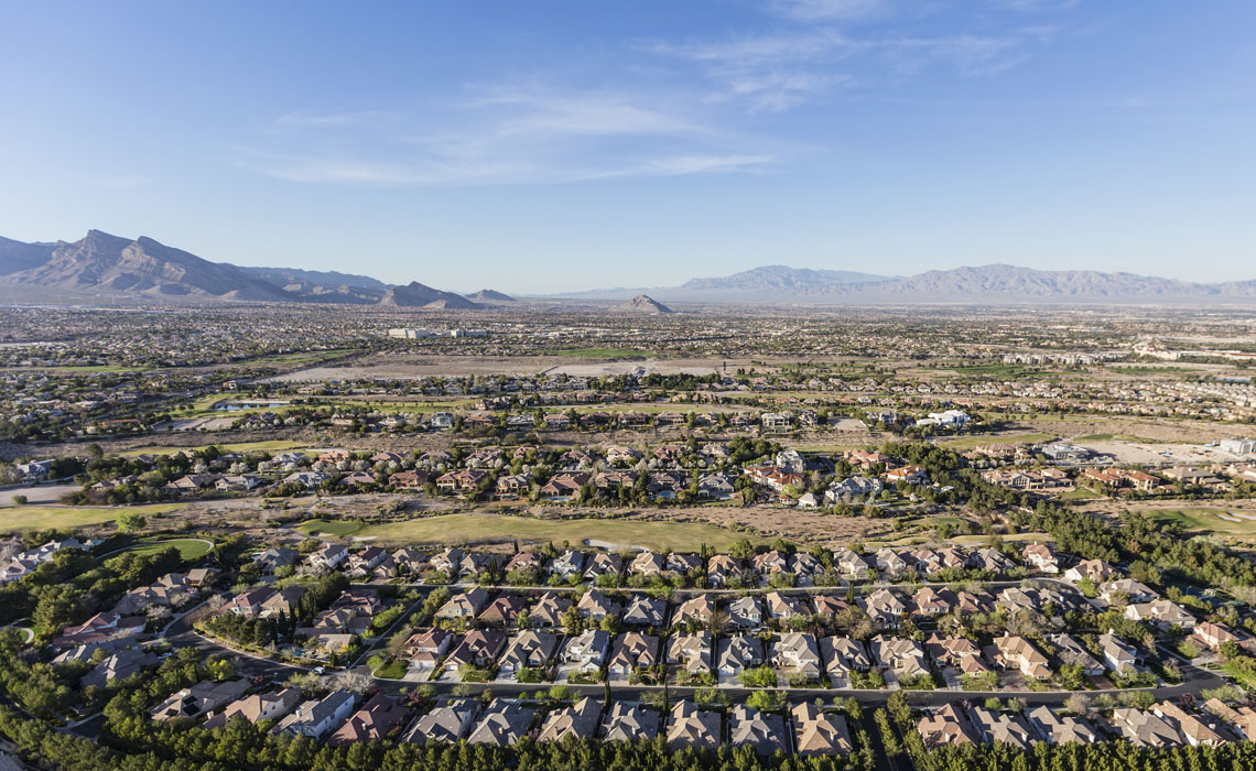 Aerial view of suburban residential neighborhood in northwest Las Vegas, Nevada.