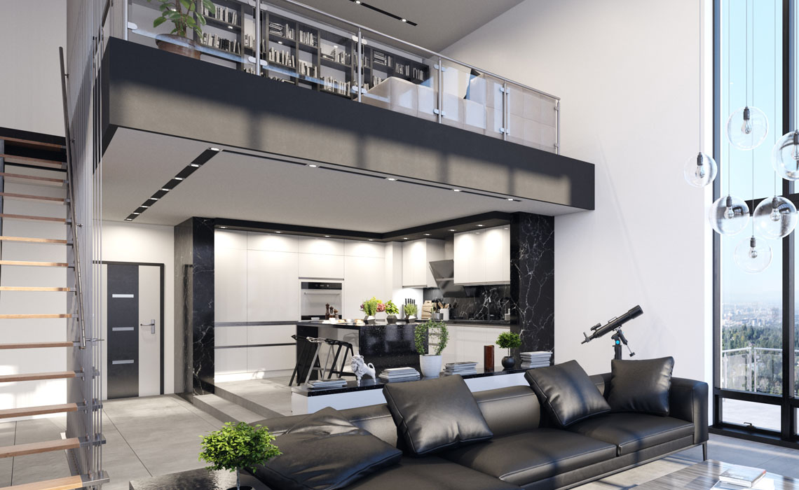 Luxury modern penthouse interior with panoramic windows, 3d illustration